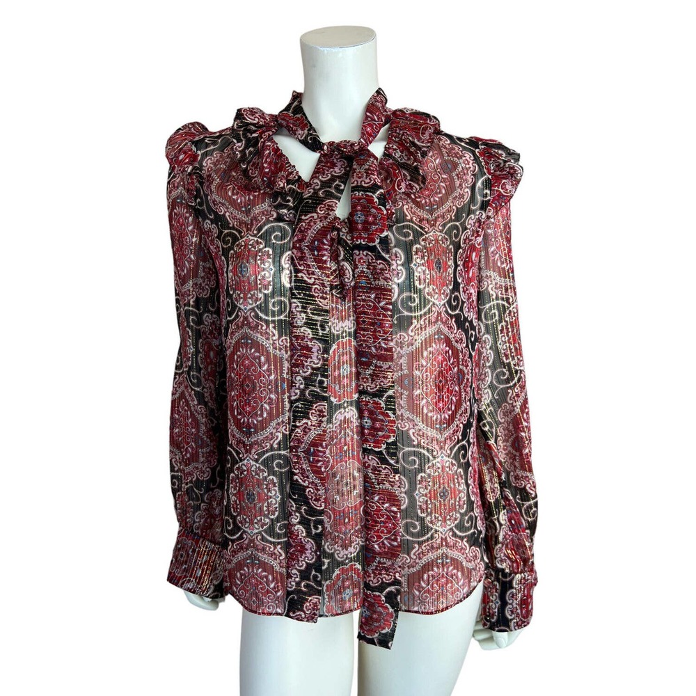 Kate Spade Metallic Silk Blouse XS Medallion Print Long Sleeve Sheer Ruffle Red